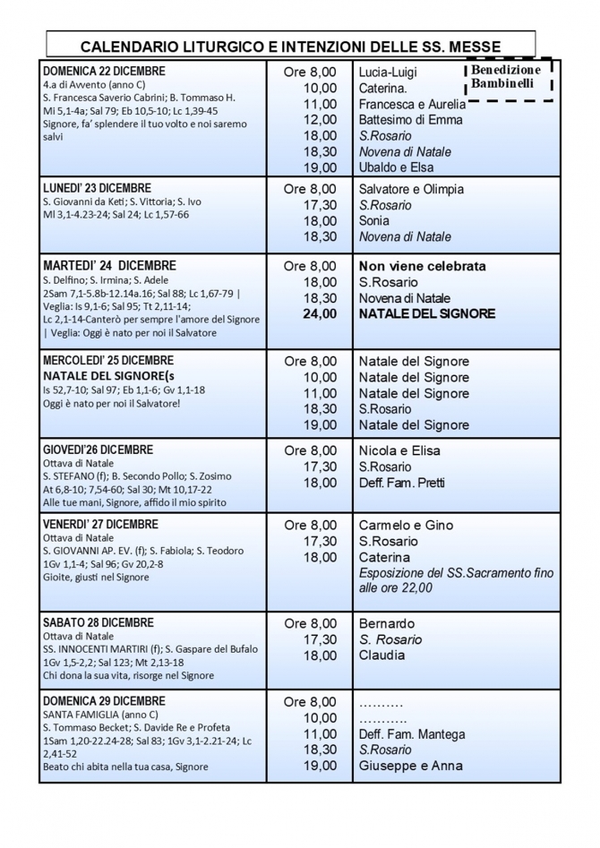 CALENDARIO LITURGICO SETTIMANALE CON ORARI E INTENZIONI SANTE MESSE - Parrocchia San Gregorio Magno