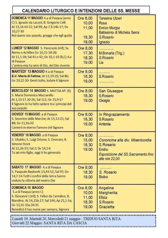 CALENDARIO LITURGICO SETTIMANALE CON ORARI E INTENZIONI SANTE MESSE - Parrocchia San Gregorio Magno