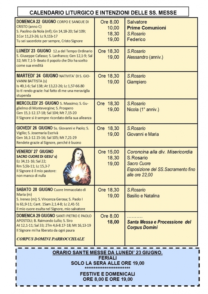 CALENDARIO LITURGICO SETTIMANALE CON ORARI E INTENZIONI SANTE MESSE - Parrocchia San Gregorio Magno