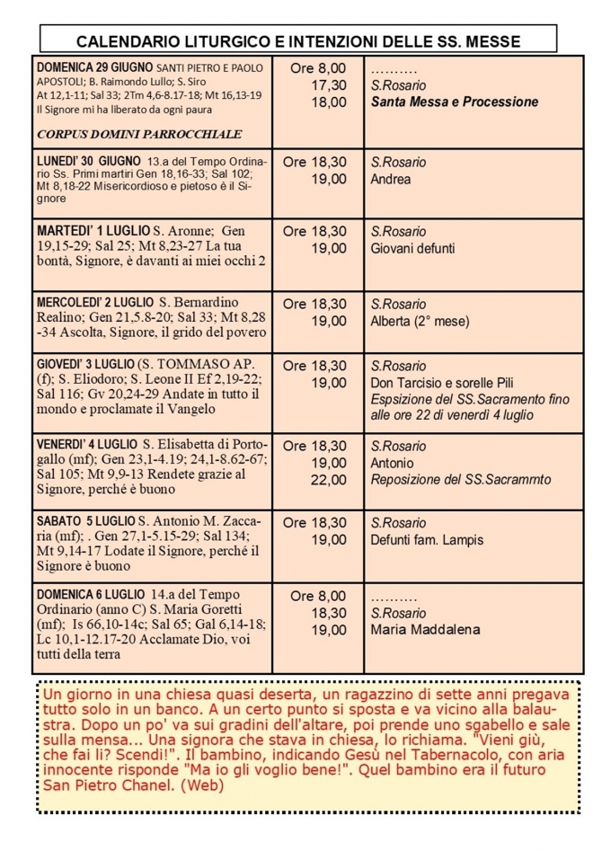 CALENDARIO LITURGICO SETTIMANALE CON ORARI E INTENZIONI SANTE MESSE - Parrocchia San Gregorio Magno