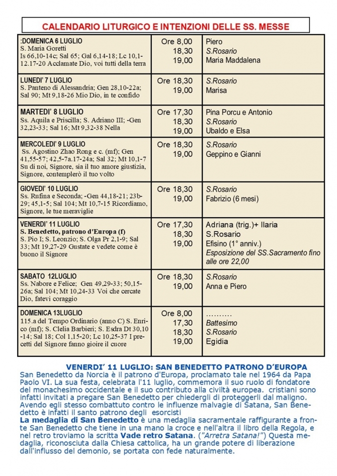 CALENDARIO LITURGICO SETTIMANALE CON ORARI E INTENZIONI SANTE MESSE - Parrocchia San Gregorio Magno
