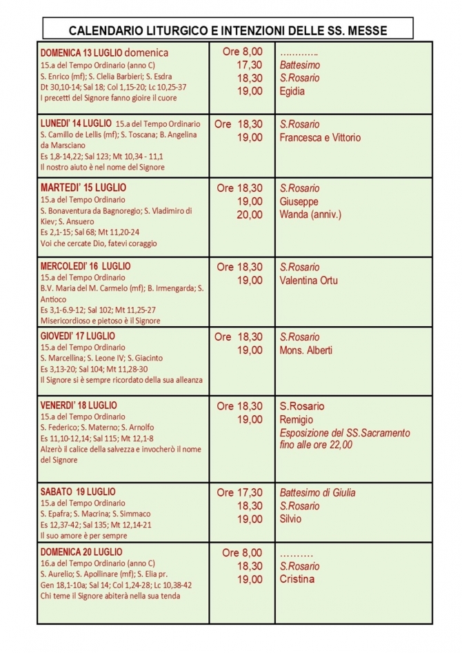 CALENDARIO LITURGICO SETTIMANALE CON ORARI E INTENZIONI SANTE MESSE - Parrocchia San Gregorio Magno