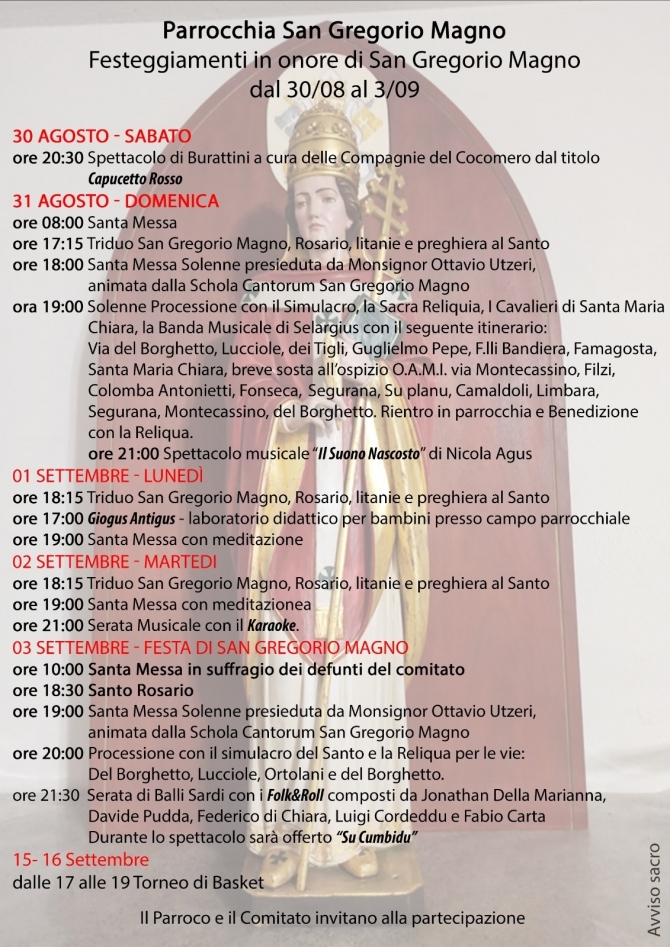 FESTA PATRONALE S. GREGORIO MAGNO - CALENDARIO CELEBRAZIONI LITURGICHE E CIVILI - Parrocchia San Gregorio Magno
