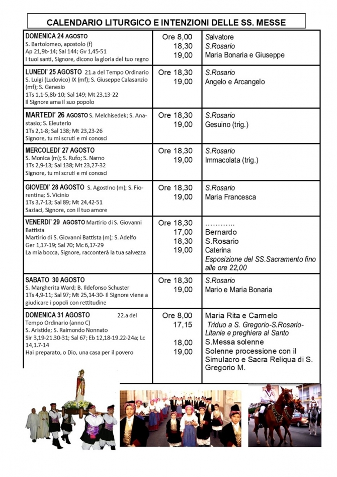 CALENDARIO LITURGICO SETTIMANALE CON ORARI E INTENZIONI SANTE MESSE - Parrocchia San Gregorio Magno