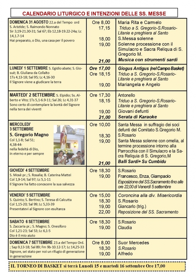 CALENDARIO LITURGICO SETTIMANALE CON ORARI E INTENZIONI SANTE MESSE - Parrocchia San Gregorio Magno