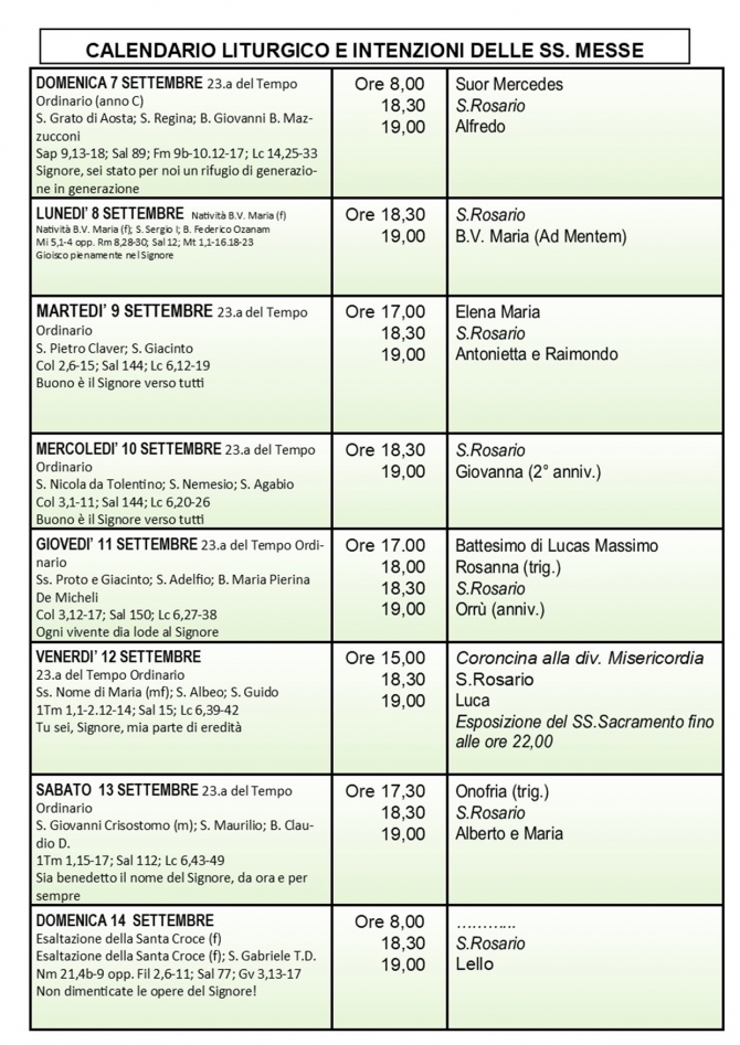 CALENDARIO LITURGICO SETTIMANALE CON ORARI E INTENZIONI SANTE MESSE - Parrocchia San Gregorio Magno