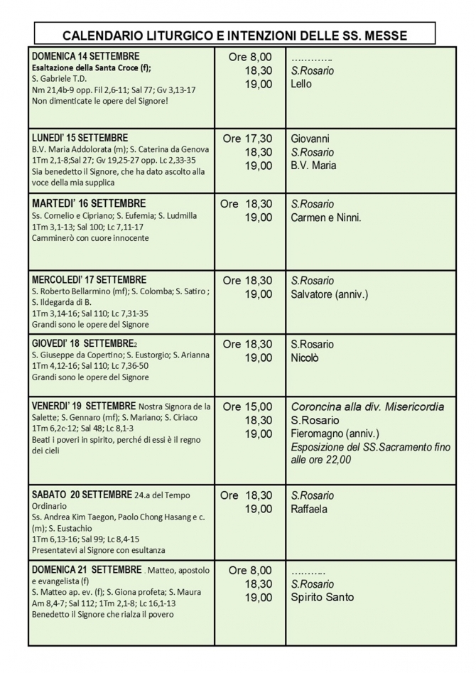 CALENDARIO LITURGICO SETTIMANALE CON ORARI E INTENZIONI SANTE MESSE - Parrocchia San Gregorio Magno