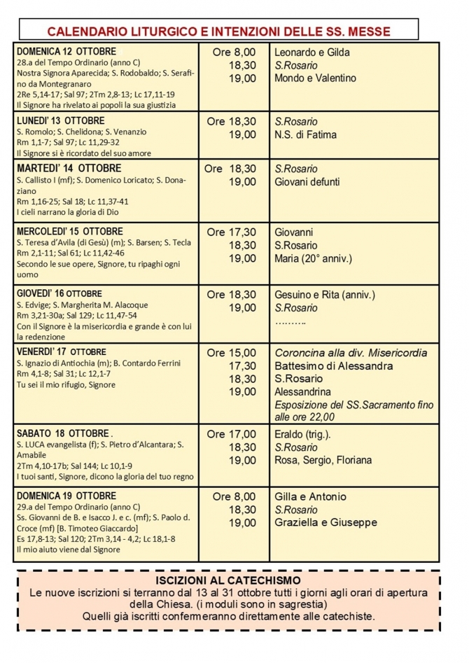 CALENDARIO LITURGICO SETTIMANALE CON ORARI E INTENZIONI SANTE MESSE - Parrocchia San Gregorio Magno