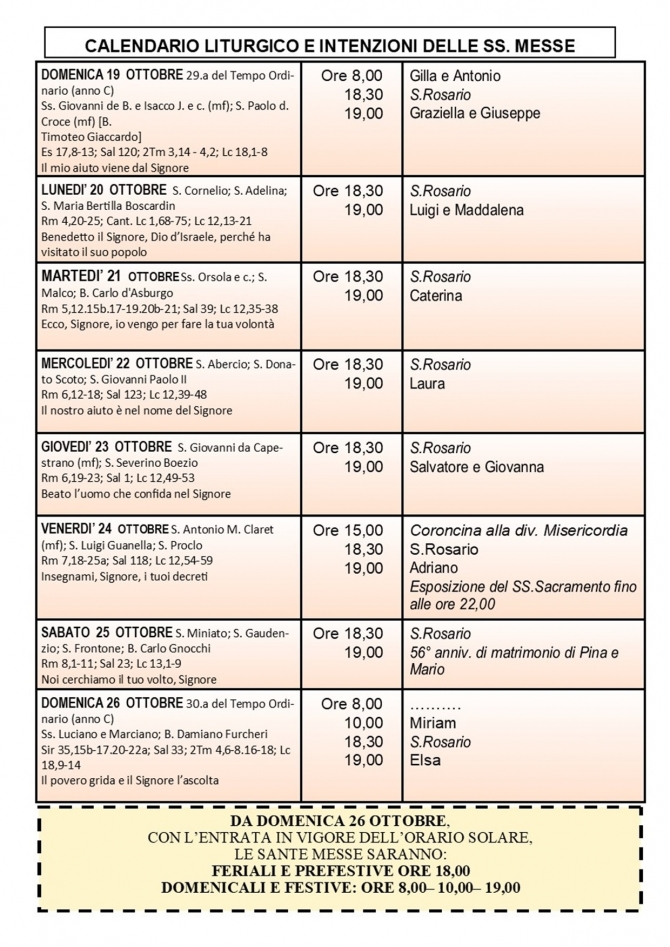 CALENDARIO LITURGICO SETTIMANALE CON ORARI E INTENZIONI SANTE MESSE - Parrocchia San Gregorio Magno