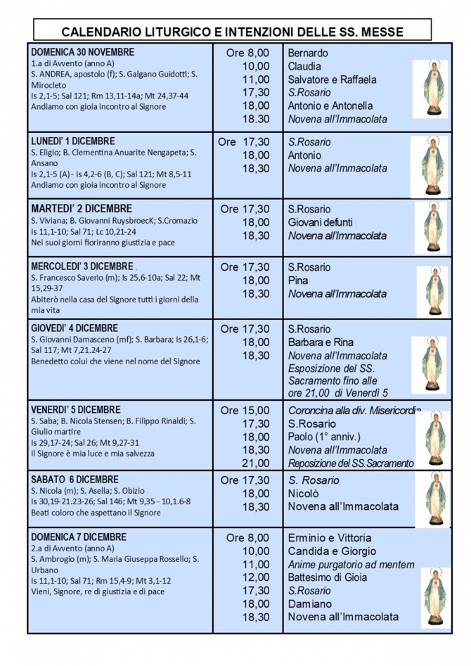 CALENDARIO LITURGICO SETTIMANALE CON ORARI E INTENZIONI SANTE MESSE - Parrocchia San Gregorio Magno
