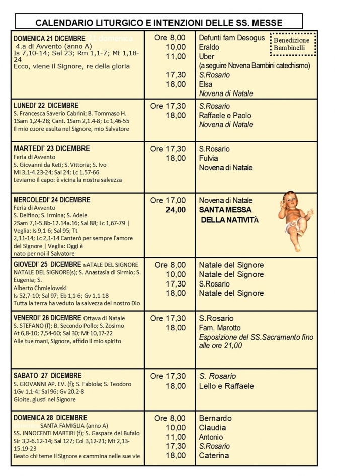 CALENDARIO LITURGICO SETTIMANALE CON ORARI E INTENZIONI SANTE MESSE - Parrocchia San Gregorio Magno