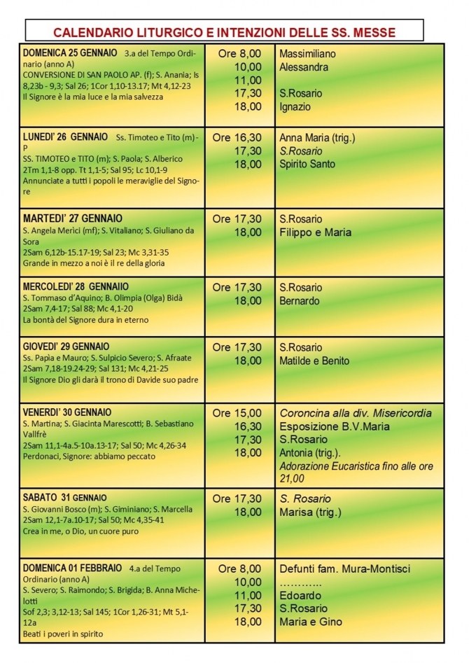 CALENDARIO LITURGICO SETTIMANALE CON ORARI E INTENZIONI SANTE MESSE - Parrocchia San Gregorio Magno