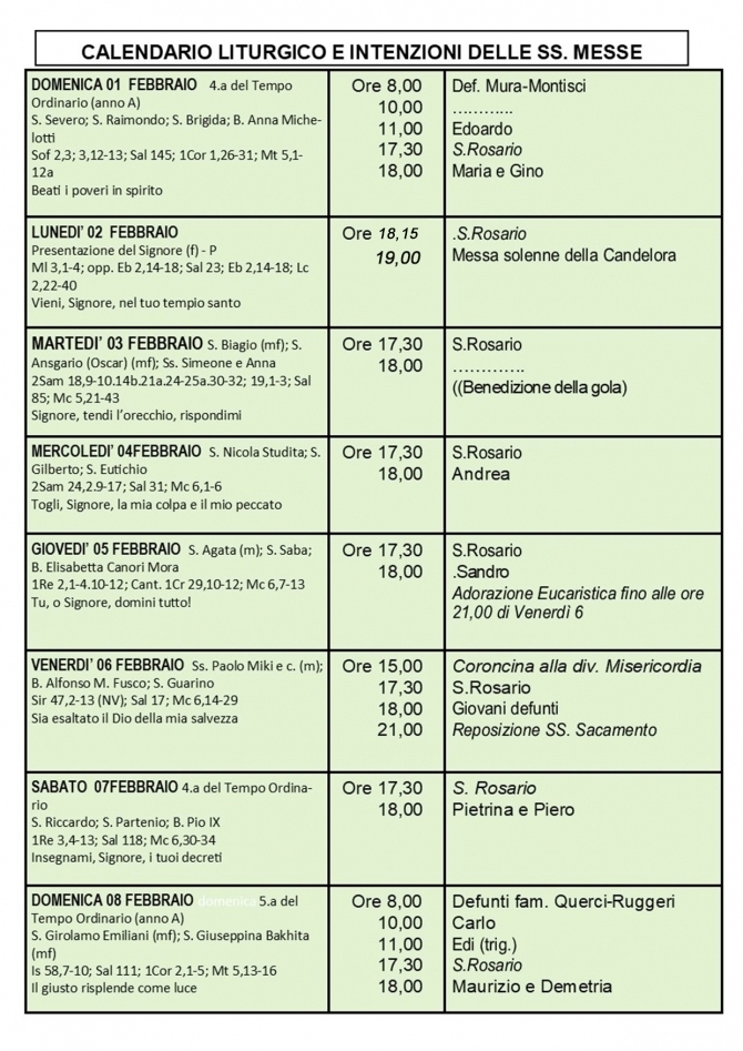 CALENDARIO LITURGICO SETTIMANALE CON ORARI E INTENZIONI SANTE MESSE - Parrocchia San Gregorio Magno