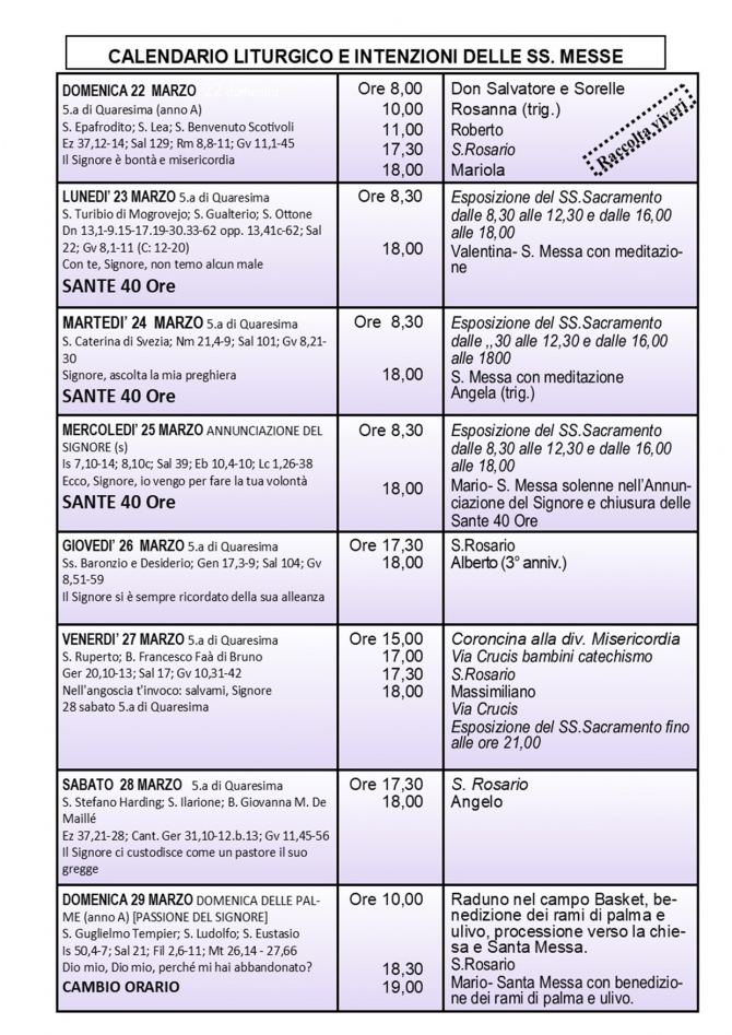 CALENDARIO LITURGICO SETTIMANALE CON ORARI E INTENZIONI SANTE MESSE - Parrocchia San Gregorio Magno