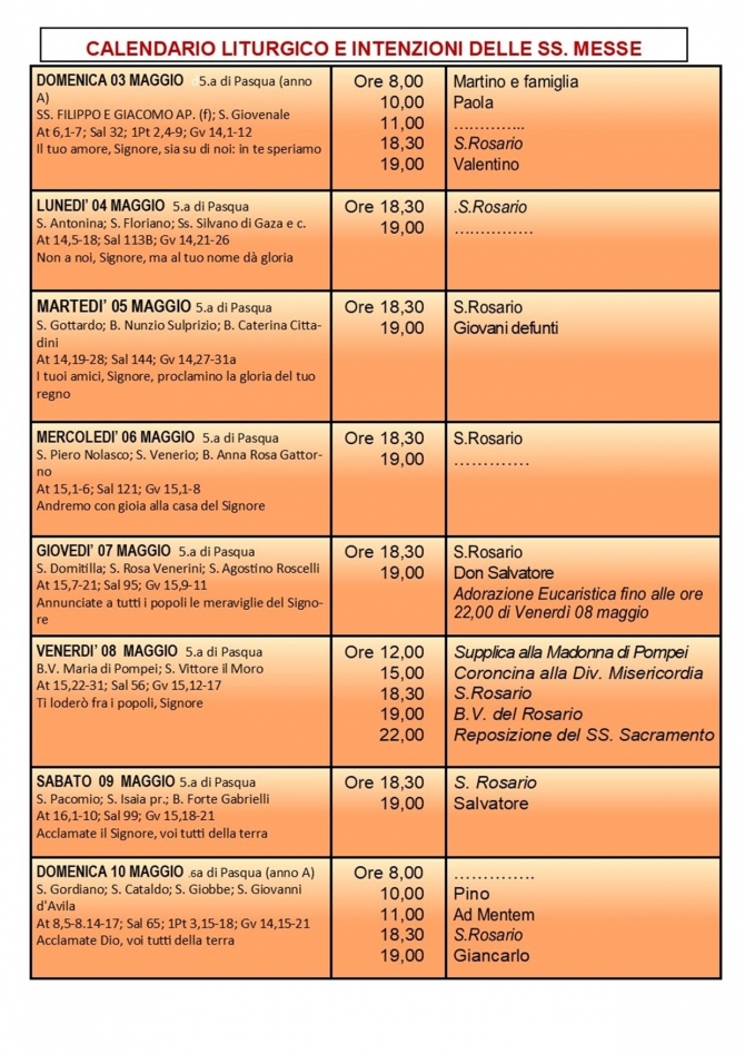 CALENDARIO LITURGICO SETTIMANALE CON ORARI E INTENZIONI SANTE MESSE - Parrocchia San Gregorio Magno