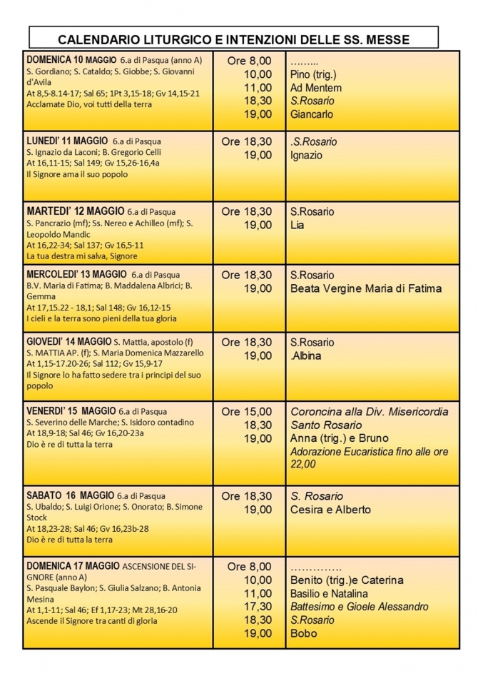 CALENDARIO LITURGICO SETTIMANALE CON ORARI E INTENZIONI SANTE MESSE - Parrocchia San Gregorio Magno