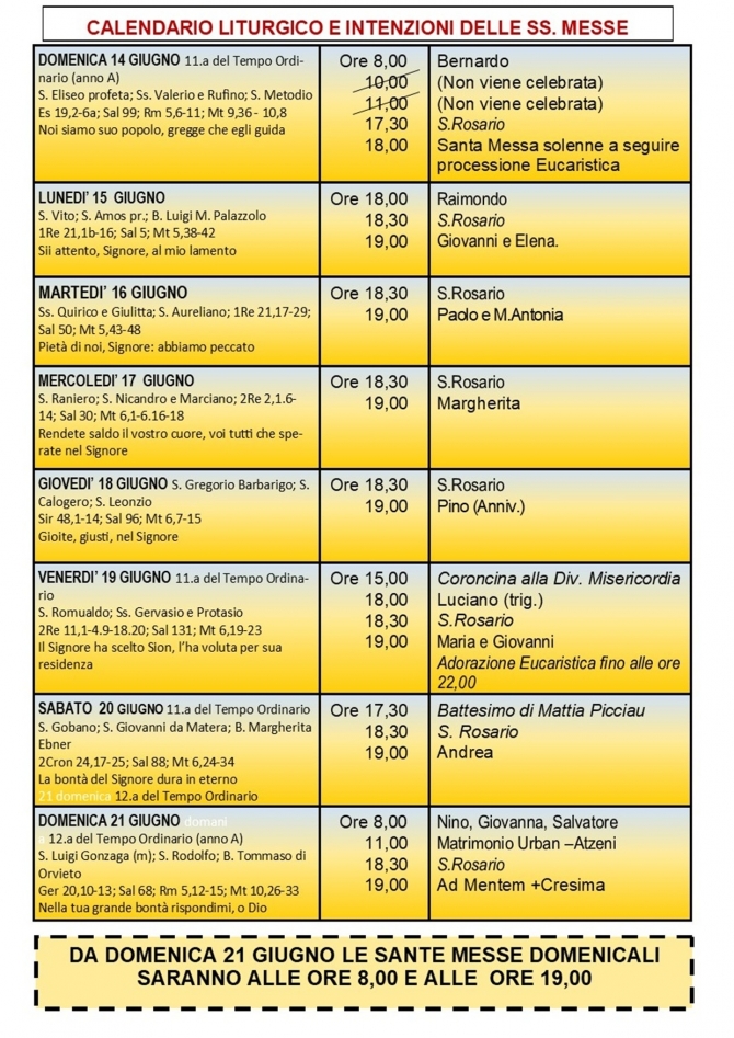 CALENDARIO LITURGICO SETTIMANALE CON ORARI E INTENZIONI SANTE MESSE - Parrocchia San Gregorio Magno