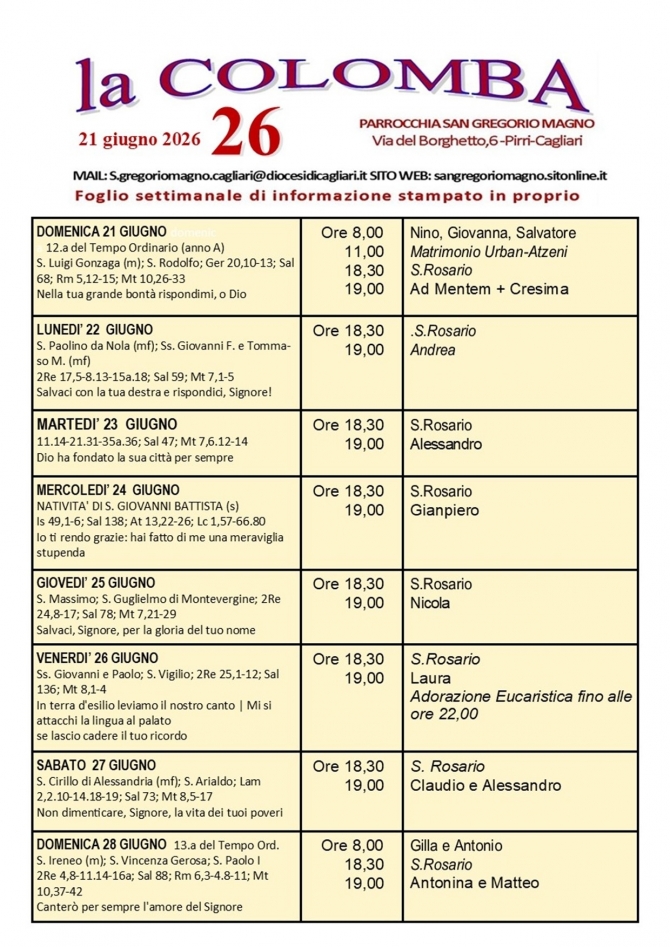 CALENDARIO LITURGICO SETTIMANALE CON ORARI E INTENZIONI SANTE MESSE - Parrocchia San Gregorio Magno