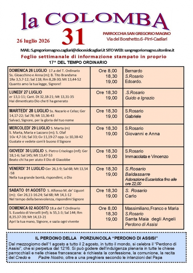 CALENDARIO LITURGICO SETTIMANALE CON ORARI E INTENZIONI SANTE MESSE - Parrocchia San Gregorio Magno