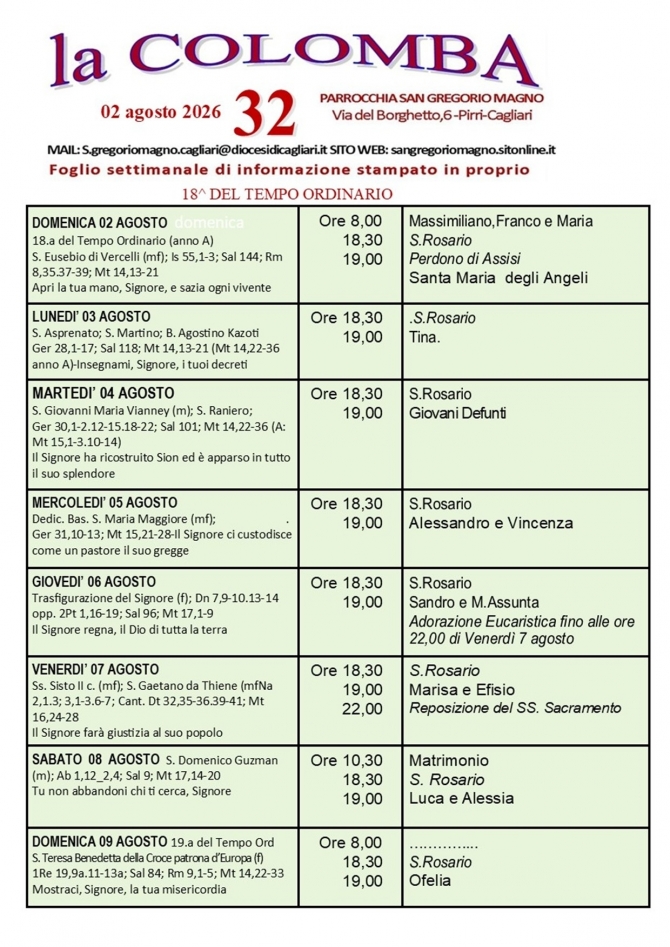 CALENDARIO LITURGICO SETTIMANALE CON ORARI E INTENZIONI SANTE MESSE - Parrocchia San Gregorio Magno