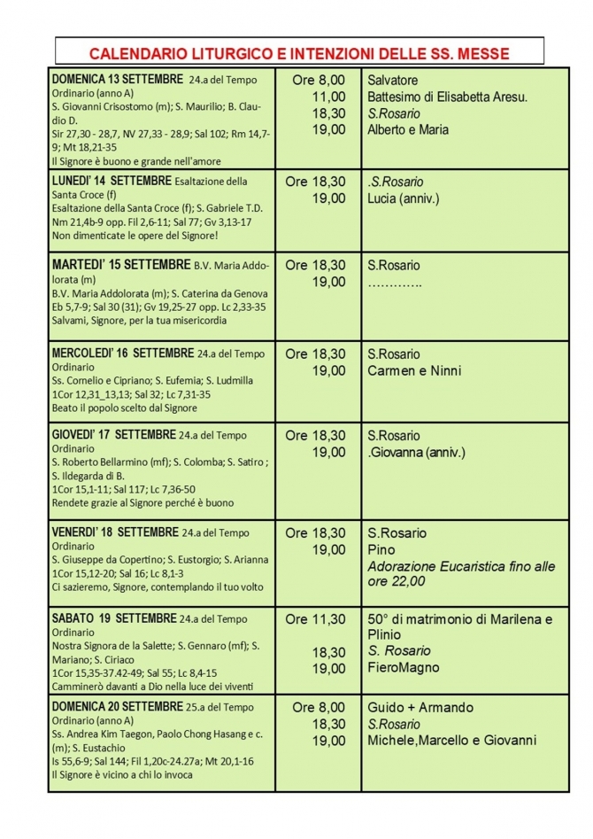 CALENDARIO LITURGICO SETTIMANALE CON ORARI E INTENZIONI SANTE MESSE - Parrocchia San Gregorio Magno