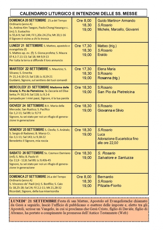CALENDARIO LITURGICO SETTIMANALE CON ORARI E INTENZIONI SANTE MESSE - Parrocchia San Gregorio Magno
