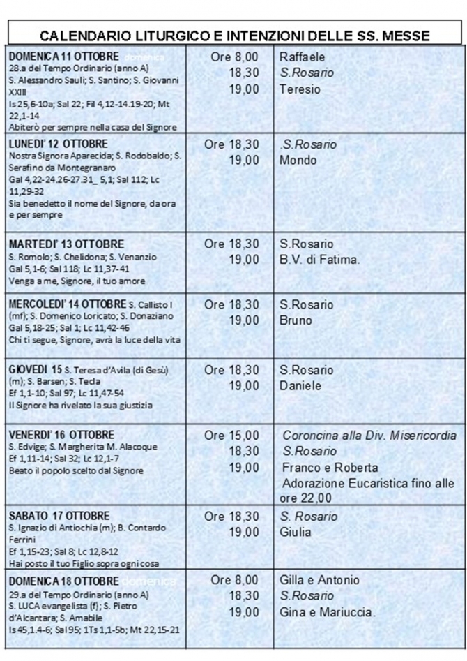 CALENDARIO LITURGICO SETTIMANALE CON ORARI E INTENZIONI SANTE MESSE - Parrocchia San Gregorio Magno
