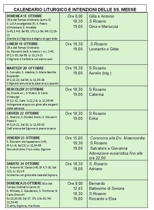 CALENDARIO LITURGICO SETTIMANALE CON ORARI E INTENZIONI SANTE MESSE - Parrocchia San Gregorio Magno